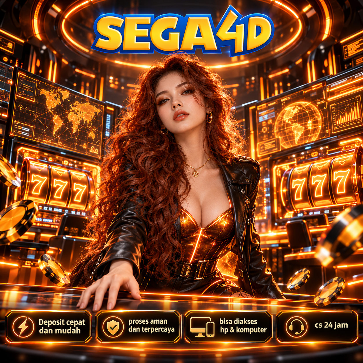 Poster SEGA4D ilustrasi hiburan digital 1, tema neon oranye dan emas